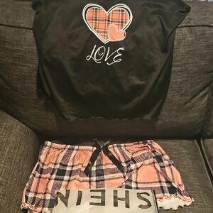 SHEIN Black and Pink Heart Pajama Set